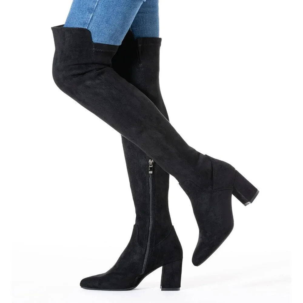 Women Black/3 Inch Heel Faux Suede Over The Knee Thigh High Low Block Heel Boot